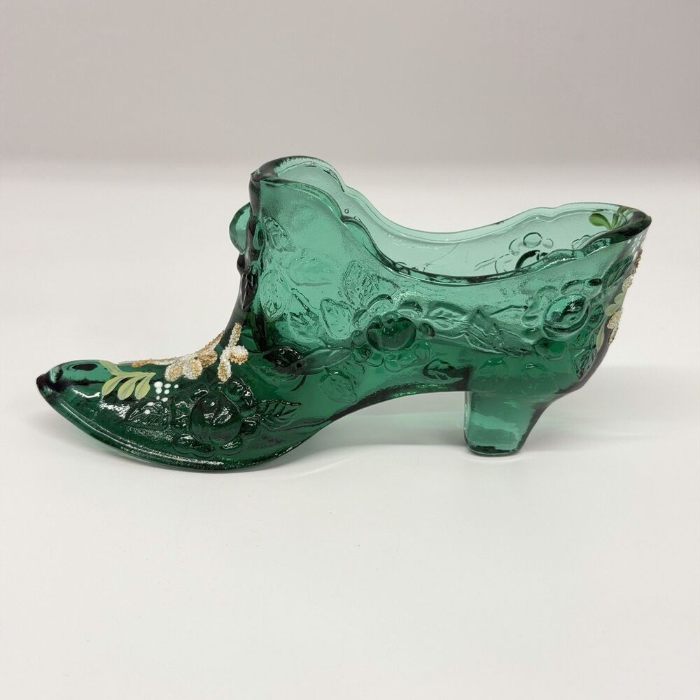 Fenton Vtg Dark Green Cabbage Rose Glass Shoe Hand Painted Signed D Atkinson